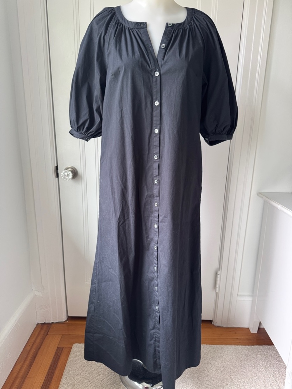 STAUD Vincent Dress S Black Button-Front Puff-Sleeve Maxi Dress Small